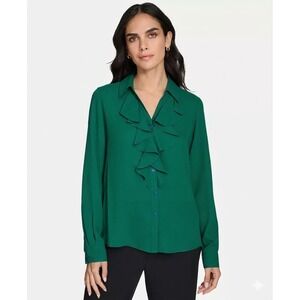Calvin Klein Emerald Green Ruffle Front Long Sleeve Blouse 1X